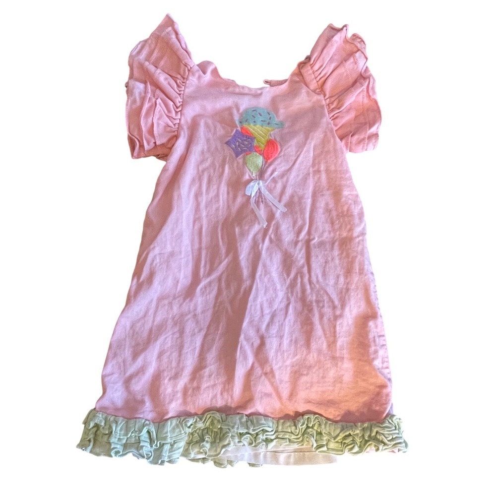 ARTH Kids Pink Ice Cream Balloon Applique Cotton Ruffle Dress Size 5-6y